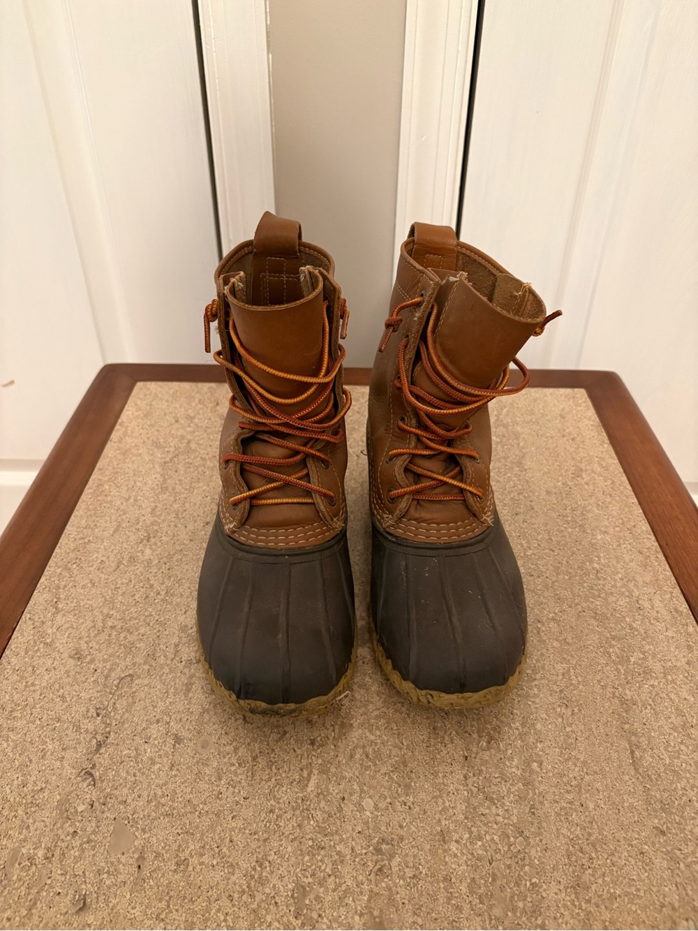 L.L. Bean Brown Leather Duck Boots with Black Rubber Toe and Orange Laces